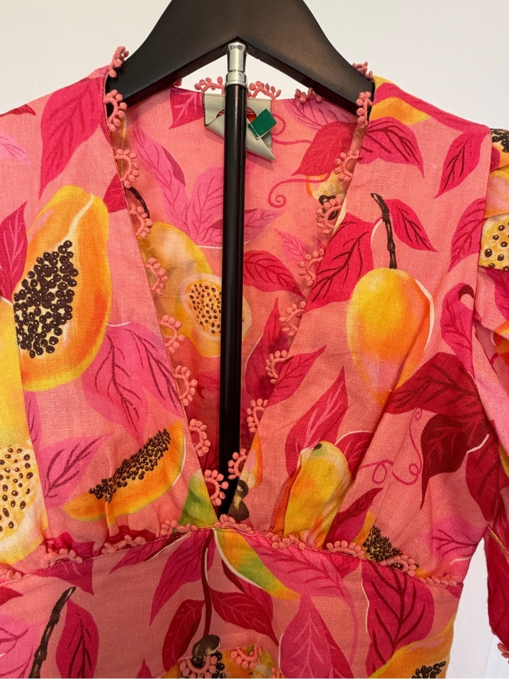 Farm Rio Pink Tropical Fruit Print Linen Blend Midi Dress XS Puff Sleeve READ - Picture 7 of 14